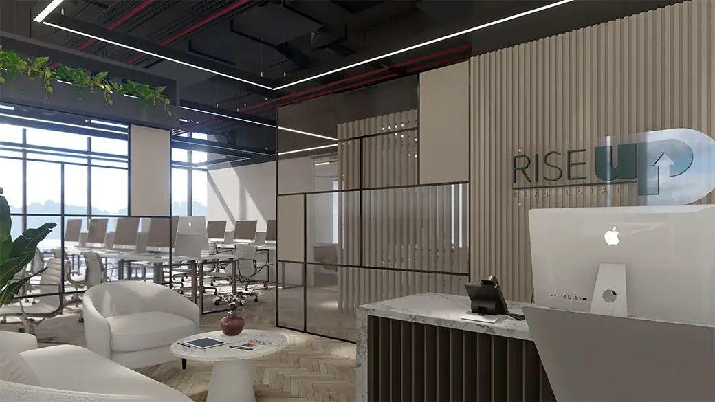 Modern office reception area featuring a minimalist design with glass partitions, vertical wood paneling, and sleek black accents. A comfortable waiting area with white armchairs complements the marble reception desk. The open-plan layout provides a view of a spacious conference room, accentuating the professional and contemporary aesthetic of RiseUp Real Estate's workspace.