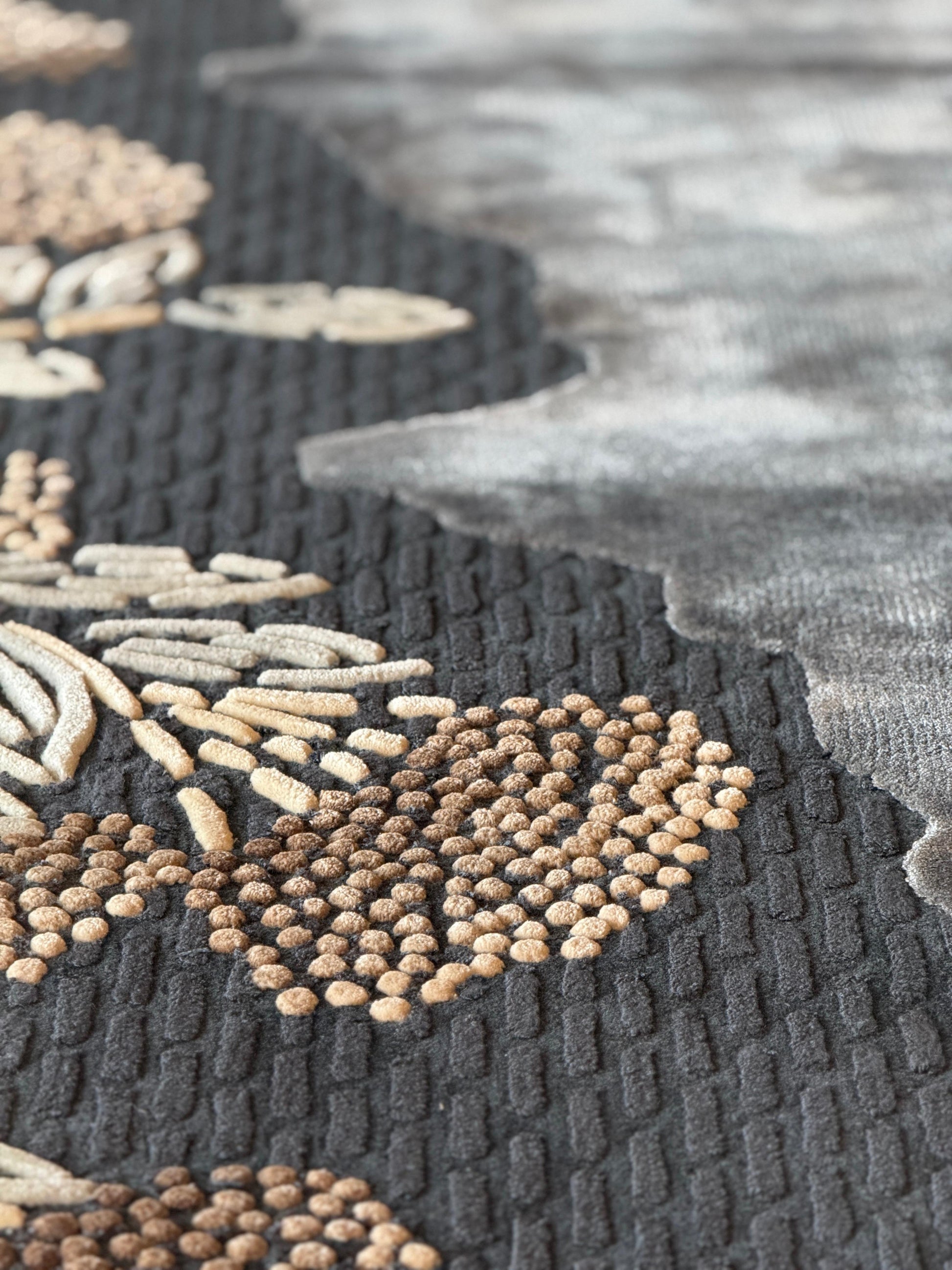 Close-up of a textured rug with geometric pattern