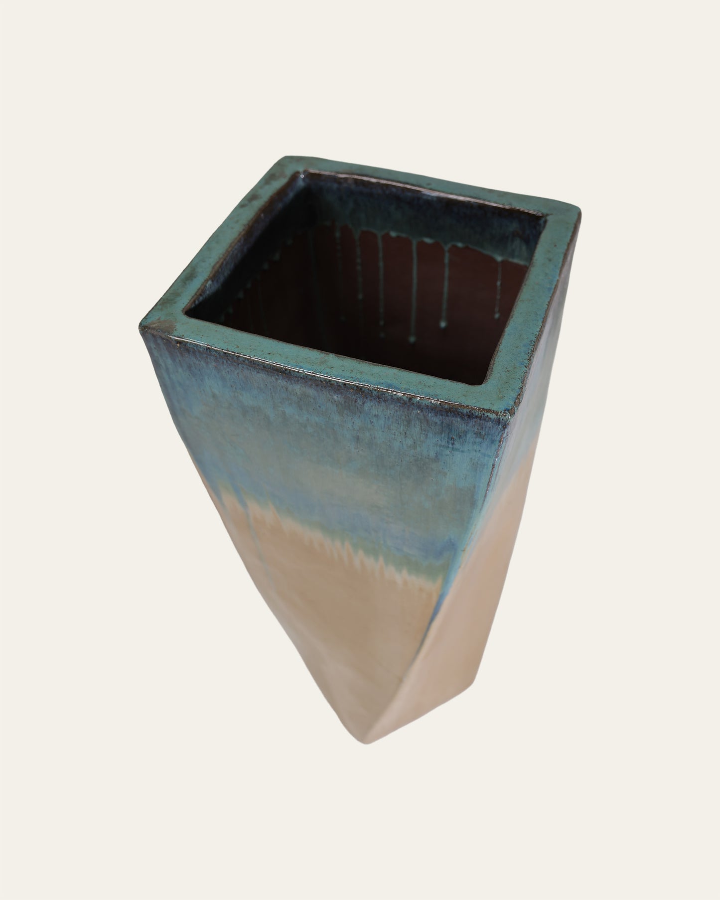 Sandy Shore Teal Drip Glaze Square Tapered Ceramic Vase – 40x88 cm