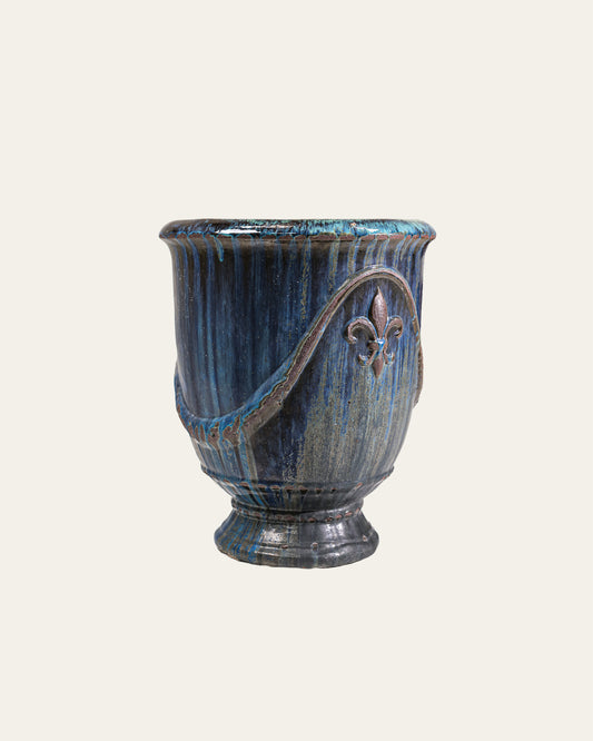 Royal Blue Fleur-de-Lis Embossed Glaze Footed Terracotta Urn – 56 x 68 cm