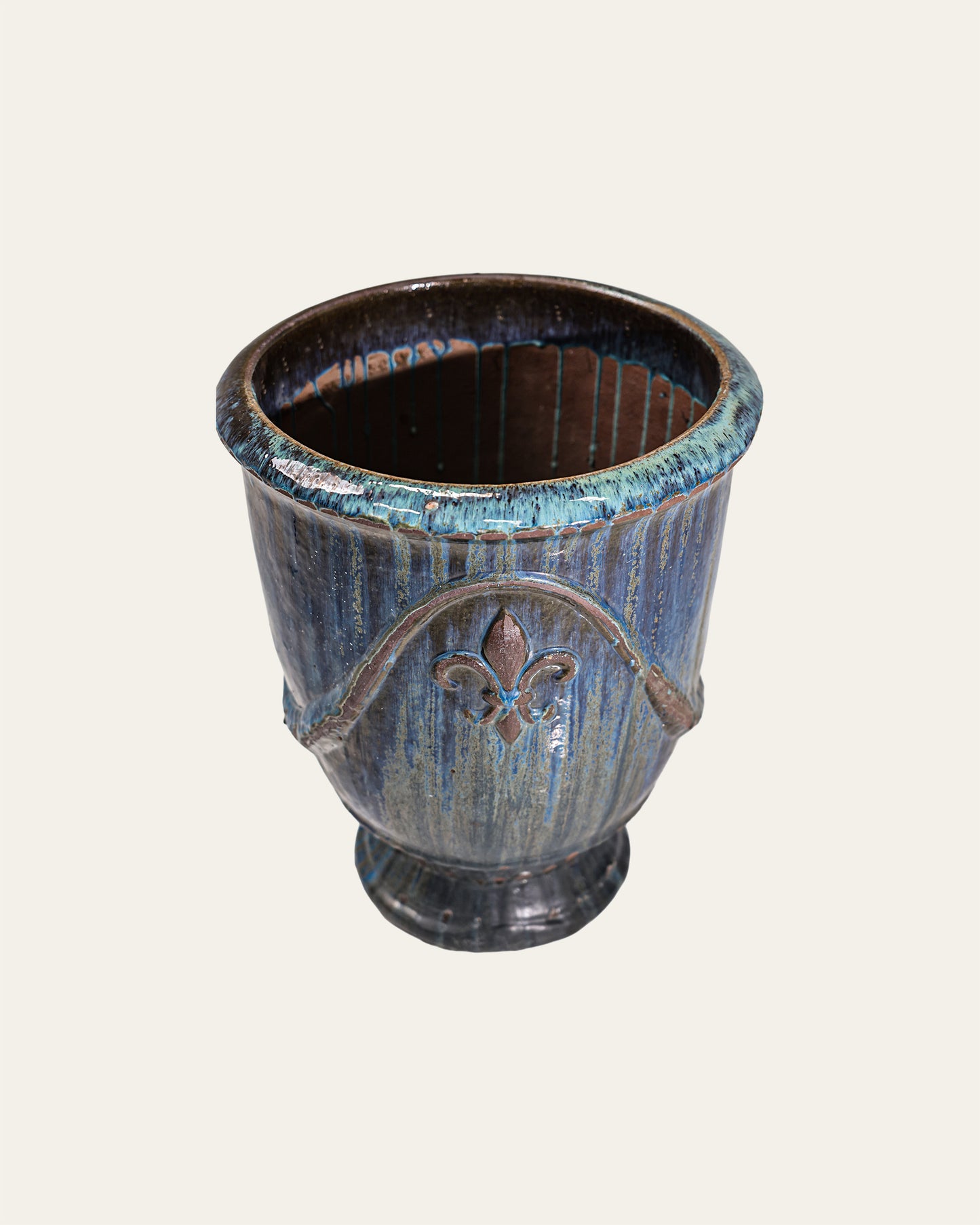 Royal Blue Fleur-de-Lis Embossed Glaze Footed Terracotta Urn – 56 x 68 cm