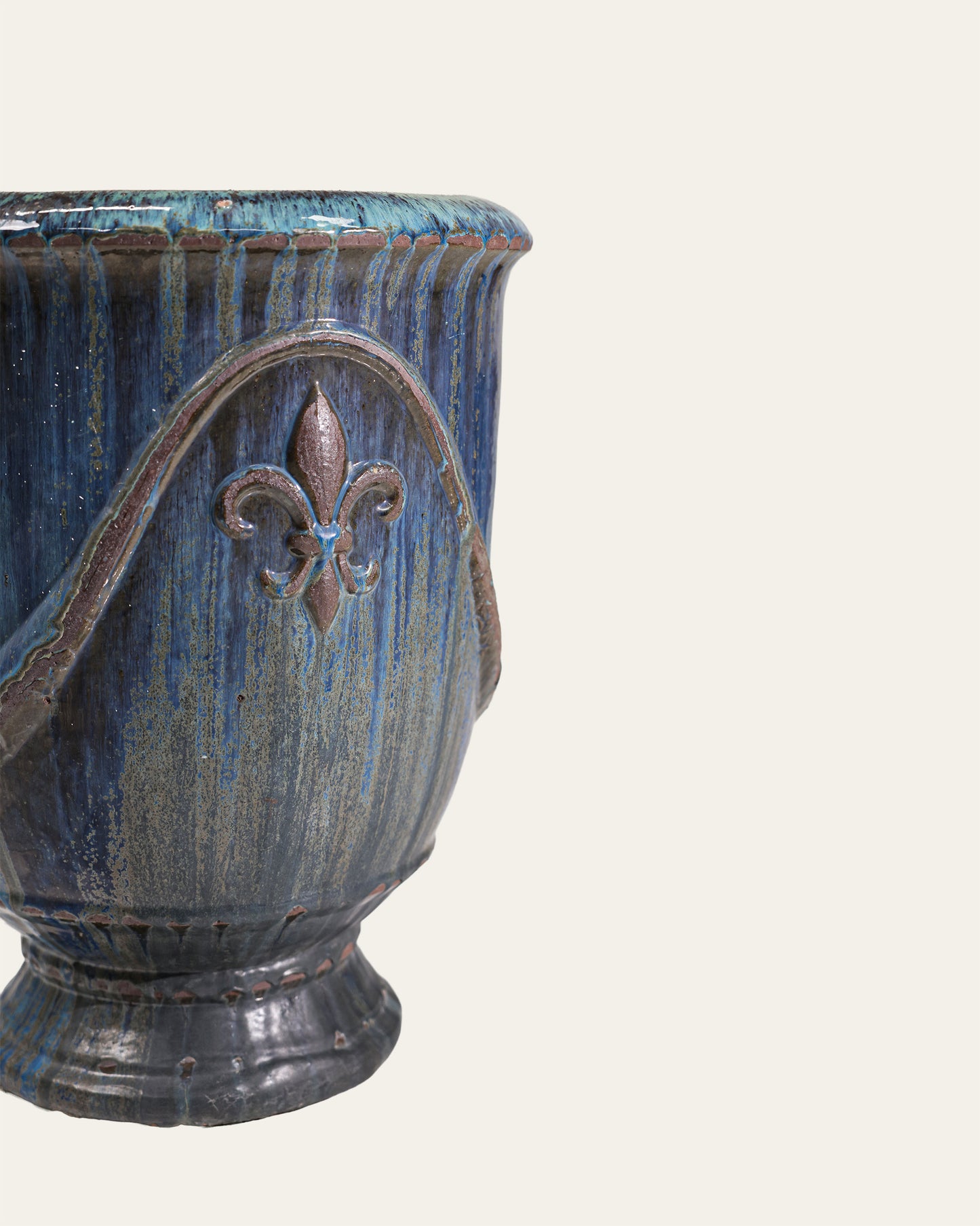 Royal Blue Fleur-de-Lis Embossed Glaze Footed Terracotta Urn – 56 x 68 cm