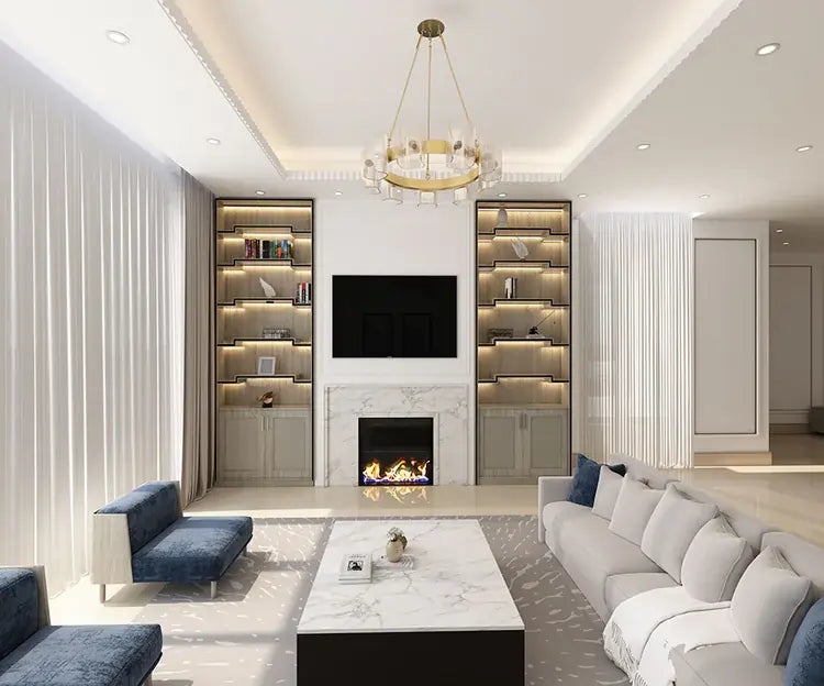 Modern living room with a marble fireplace, built-in shelves, and a large TV. The room features comfortable seating, a coffee table, and a stylish chandelier.