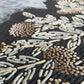 Close-up of a textured rug with floral patterns in neutral colors.